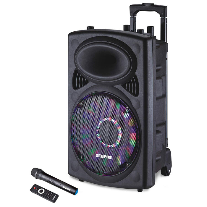 Geepas GMS8519 Rechargeable Trolley Bluetooth Speaker 40000W | 12" Woofer | with Wireless Microphones & LED Lights GMS8519 Geepas