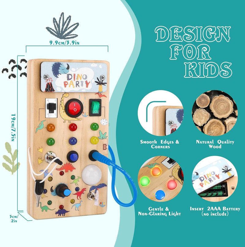 Hoarosall Montessori toys Clock Wooden Busy Board with 11 LED Light switches, Tooddler Toys Sensory Toys Travel Toys for 1+ Year Old Baby and Toddler