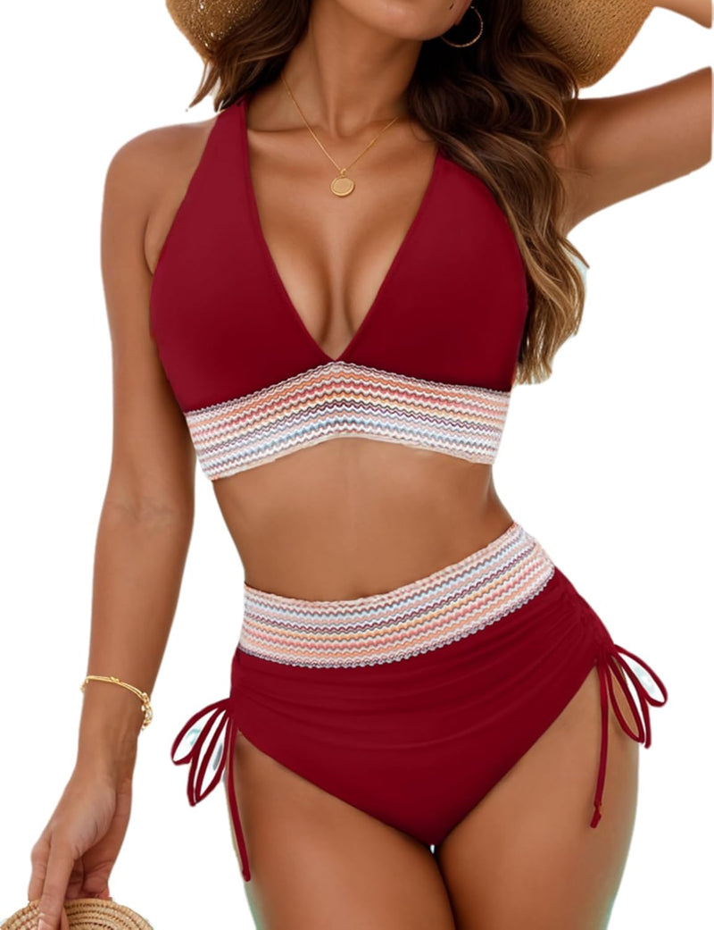 Hicodbek Bikini Women's Set Sexy Swimsuit Swimwear High Waist Colour Block Two Piece Drawstring Swimsuits Bikini for Women