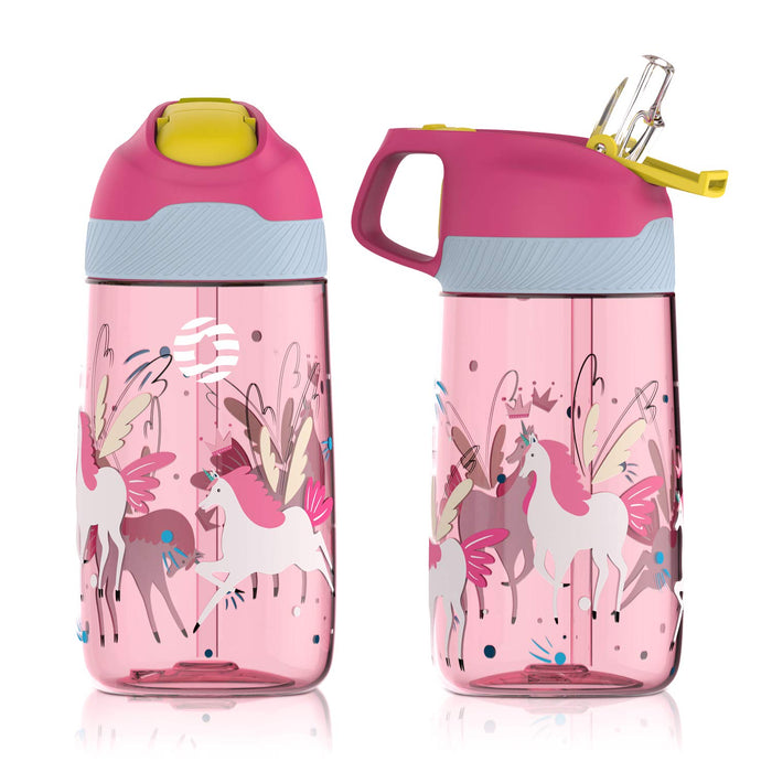 FJbottle Kids Water Bottle with Straw, 16 oz Leak Proof Plastic Toddler Bottle with Handle Water Jug Wide Mouth Drinking Bottle for Kids Sports School