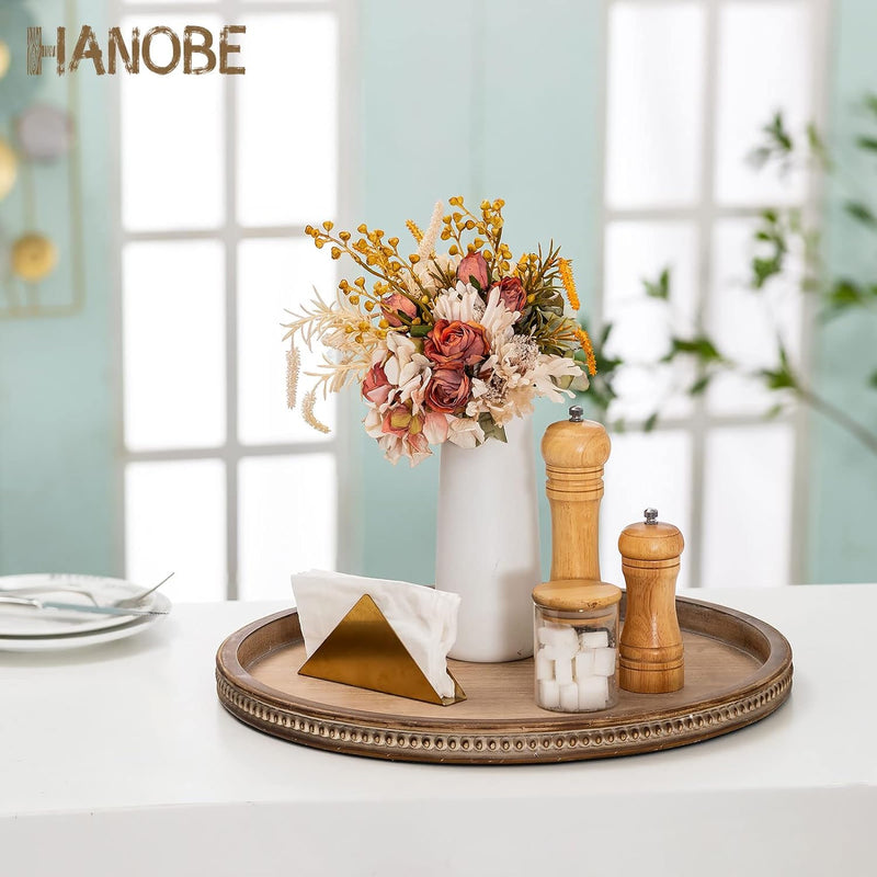 Hanobe Decorative Serving Tray Wood: White Washed Bead Round Tray Decor for Coffee Table Rustic Wooden Trays Farmhouse Centerpiece for Living Room Kitchen Counter