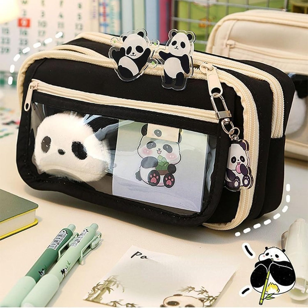 Panda Pencil Case, 10Pcs Cute Panda Pencil Case Large Capacity, Adults Aesthetic Pencil Case, Kawaii Pencil Pouch Cute With Zipper Preppy Pen Bag With Gel Ink Pens, Clips, Stickers, Pin (Black)