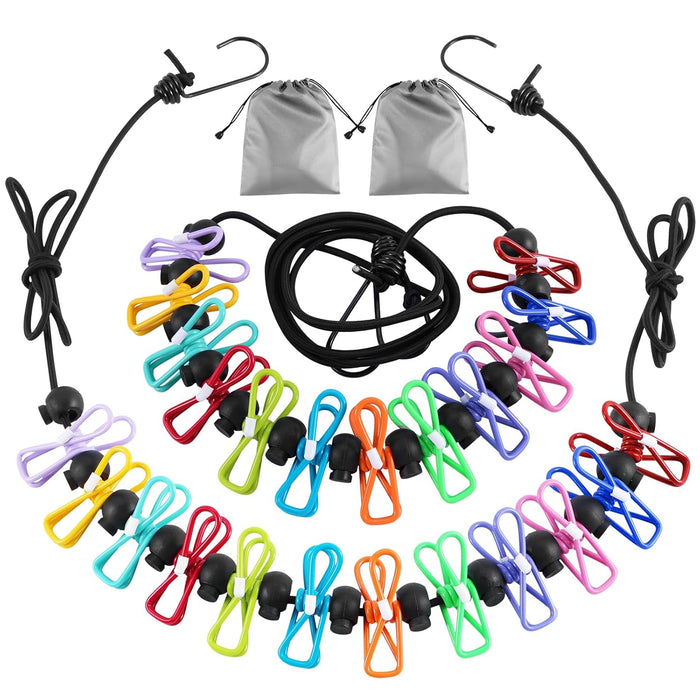 DAGONGREN 2 Pack Camping Clothesline Portable 12 Clothespins, Camping Accessories Travel Clothesline for Outdoor Indoor, Retractable Clothes Line Elastic Clothesline for Camper Hotel Room