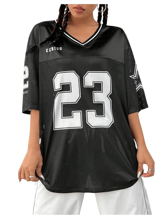 GORGLITTER Women's Letter Print Mesh Jersey T Shirts V Neck Half Sleeve Drop Shoulder Tops