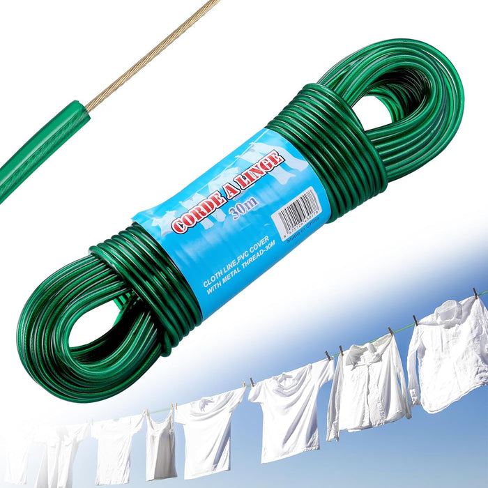 Yimomoyi Washing Line Extra Strong with 4 mm Steel Insert, 30 m Clothesline, Stretch-Free and Weather-Resistant, Green Plastic Coating, Ideal for Garden and Camping, Capacity 120 kg (Green)