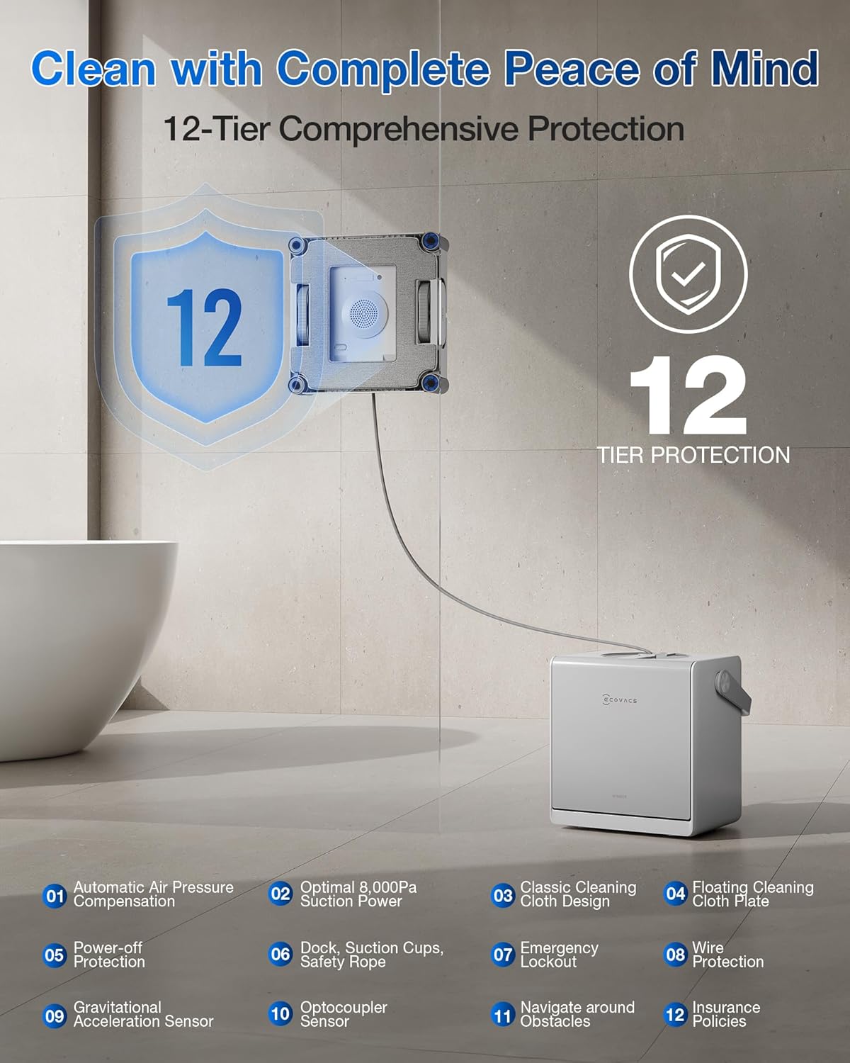 ECOVACS WINBOT W2S OMNI Window Cleaning Robot, with 6-in-1 Multifunction Station, TruEdge Edge-to-Edge Precision, Triple Wide-Angle Spray Nozzles, 12-Level Safety System, Dual Power Modes – image 8