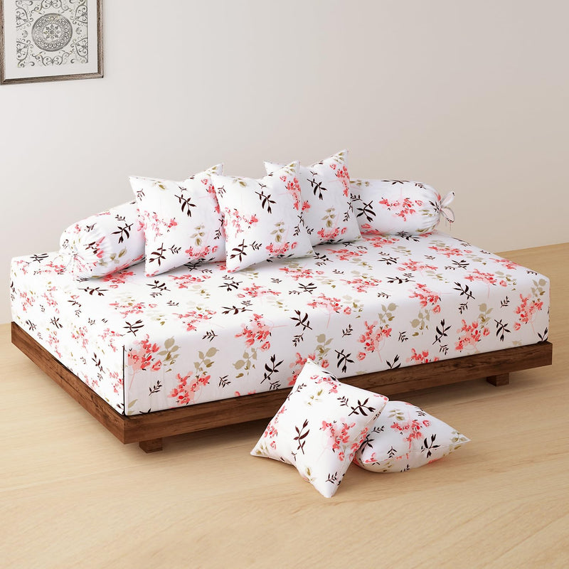 HOKIPO Cotton Feel Brushed Microfiber 145 GSM Printed 8 Pcs Diwan Set with 1 Bedsheet 60x90 Inches|2 Bolster Covers 20x27 Inches|5 Pillow Covers 16 Inches (D5-IN-778), Multicolor