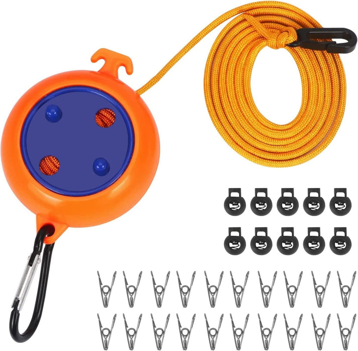 Excefore Retractable Clothesline, 8M Long Portable Nylon Windproof Clothesline with 20 Clothespins & 10 Stoppers, Adjustable Travel Laundry Rope for Indoor, Outdoor, Camping, Courtyard, Hotel