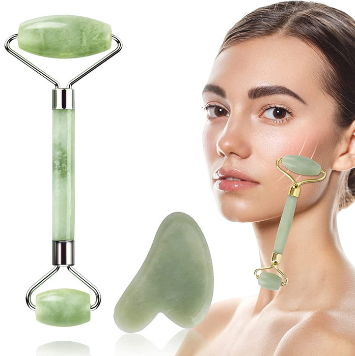 ELECDON Jade Roller for Face, Jade Roller and Gua Sha Set, 100% Real Natural Beauty Jade Facial Roller Massage Tool for Face Eyes Neck Body, for Reduces Eyes Puffiness Removes Wrinkles Skin Tightening