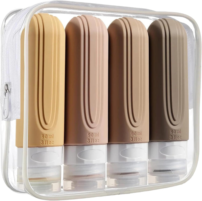 4 Silicone Travel Bottles for Toiletries with Labels & Clear Toiletry Bag TSA-Approved, Leak-Proof, for Shampoo, Lotion, Soap, Perfect for Traveling, Gym, Camping (90ml)