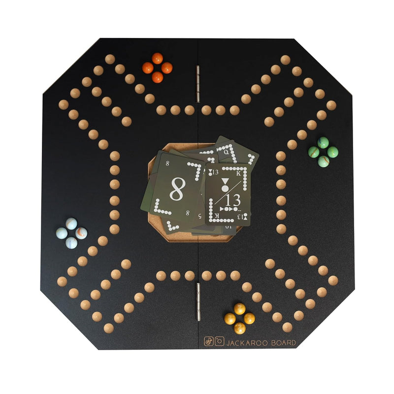 Jackaroo Pro 4 Player Foldable Board Game, 16 Coloured Marbles, Jackaroo Waterproof Cards