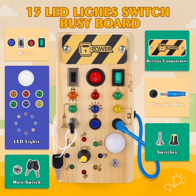 Hoarosall Montessori toys Clock Wooden Busy Board with 11 LED Light switches, Tooddler Toys Sensory Toys Travel Toys for 1+ Year Old Baby and Toddler
