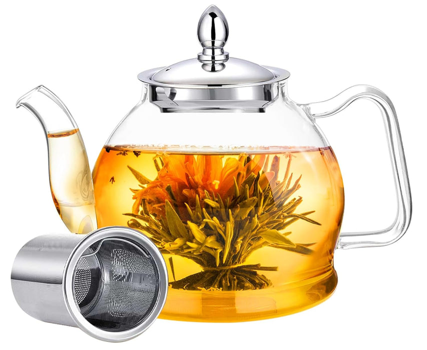 Yoawllty Glass Teapot with Infuser, 1000ml Borosilicate Tea Kittle,Glass Heat Resistant Clear Tea Pot with Infuser Strainer Removable Infuser for Microwavable and Stovetop Safe
