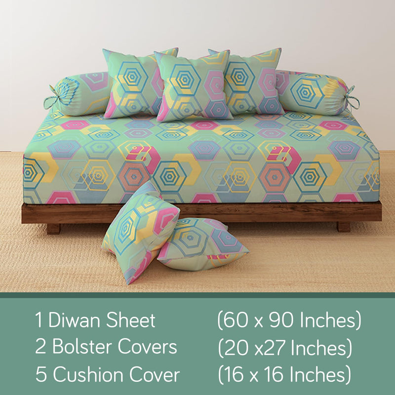 HOKIPO Cotton Feel Brushed Microfiber 145 GSM Printed 8 Pcs Diwan Set with 1 Bedsheet 60x90 Inches|2 Bolster Covers 20x27 Inches|5 Pillow Covers 16 Inches (D5-IN-778), Multicolor