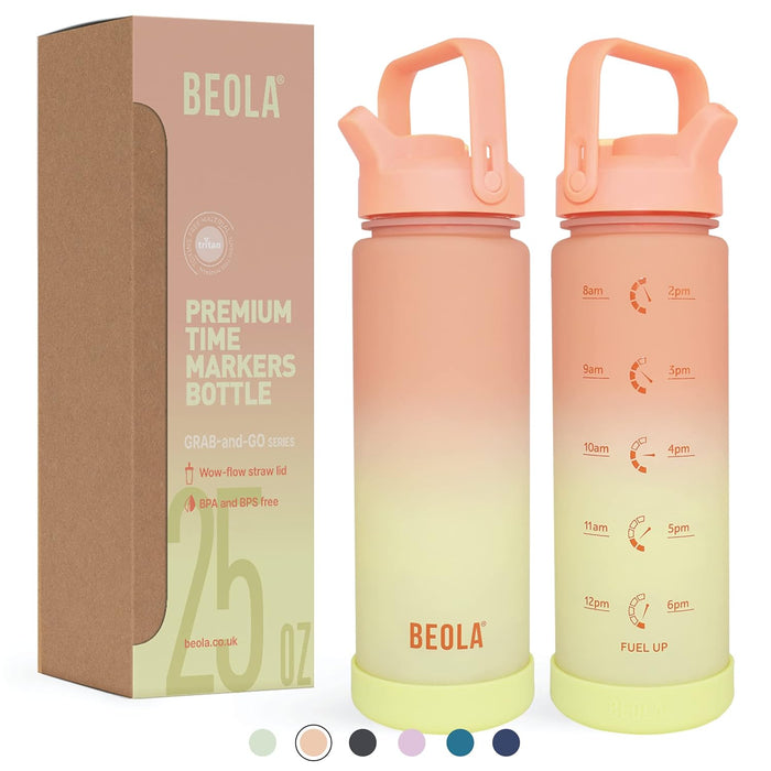 BEOLA 1000ml, 750ml, Motivational Water Bottle with Time Markers and Straw Lid, Tritan Plastic, BPA BPS FREE Leak Proof and Drop Resistant Office Bottles, 32oz, 25oz (Coral Blend, 750ml)