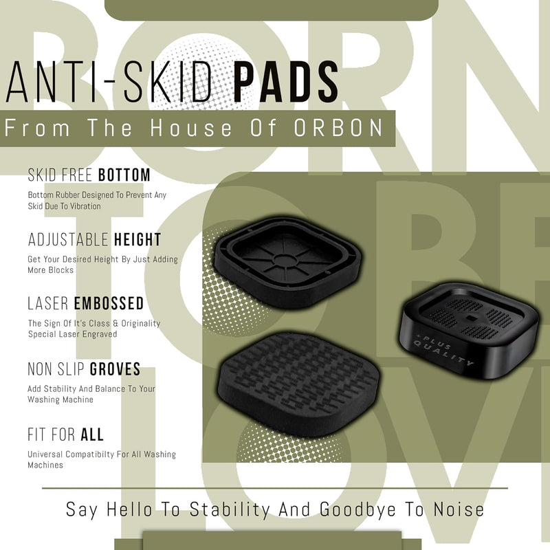 ORBON Laser Engraved Anti Vibration Pads for Washing Machine | Vibration Stopper Foot Pad 4 PC Set | Legs Gripper for Washers & Dryers | Shock Absorber Anti-Slip Support for Stability & Noise Control