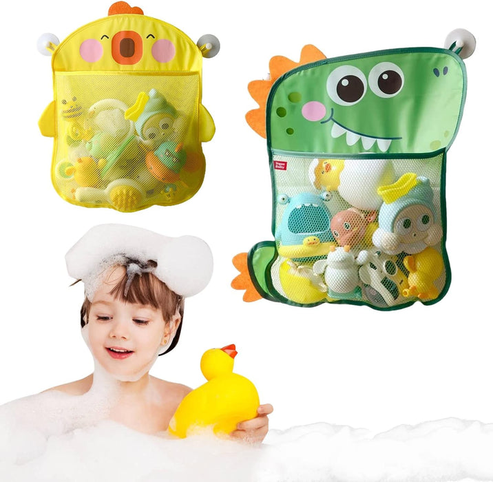 Azonee Mesh Bath Toy Organizer Duck Dinosaur Extra Bath Toy Storage Net 8 Strong Hooks Cute Bathtub Toy Organizer and Bath Shower Caddy Solution for Kids & Bath Toys for Toddlers 2PCS