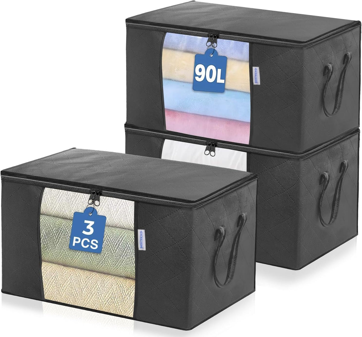 SKY-TOUCH 3 Pcs Large Capacity Sized Bags, Clothes Storage Bag Organizers, Foldable, Durable and Space Saver with See-Through Window and Carry Handles 90L β image 3
