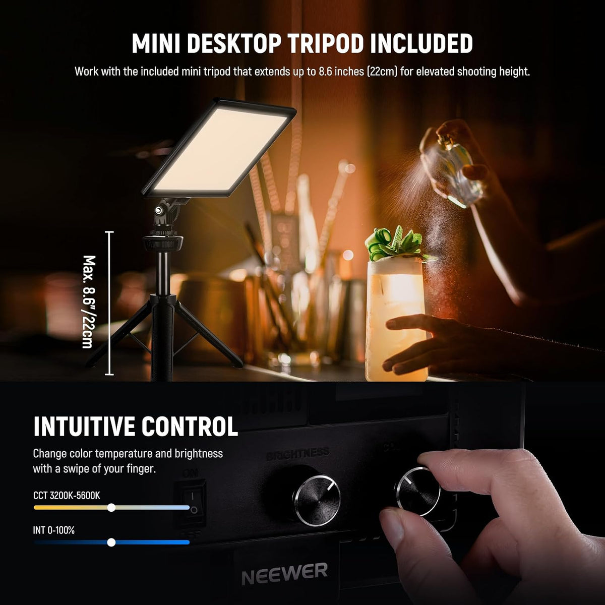 NEEWER NL-116AI 9" LED Video Light Panel, Camera Lighting with Desk Tripod – image 5