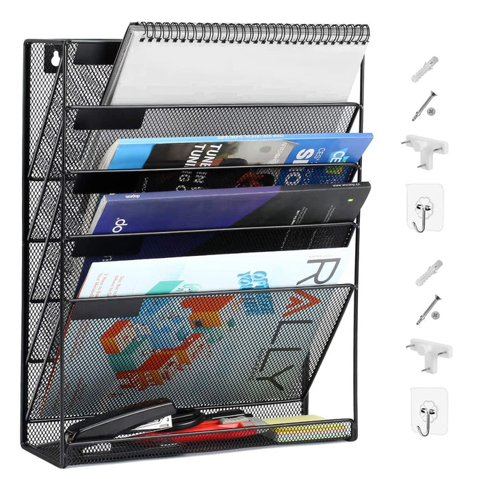 Wall File Organizer 5 Tier Metal Mesh Wall File Holder, Vertical Magazine Rack with Bottom Flat Tray Pockets Nametag Label, Office Hanging Folder Paper Document Storage Mail Sorter Bin for Home School