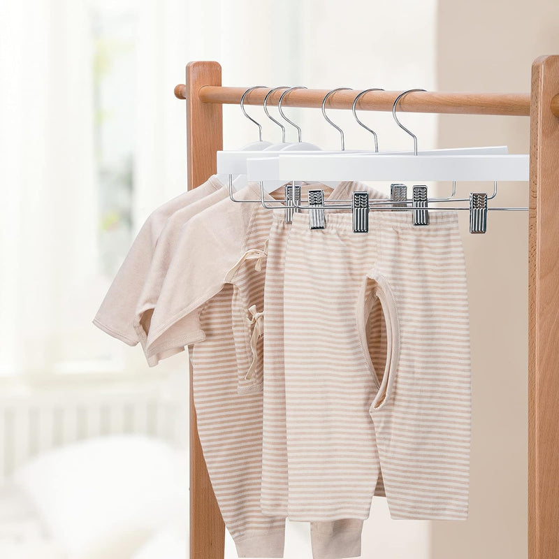 Nature Smile 11.8' Kids Baby Toddler Children Solid Wooden Pants Hangers,Wood Skirts Hangers,Trousers Bottom Hangers with 2-Adjustable Clips Anti-Rust Hook Pack of 10 (White)