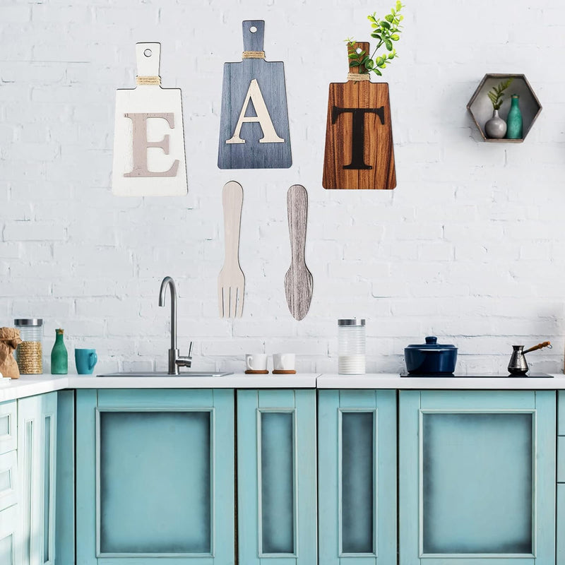 Jetec Cutting Board Eat Sign Set Hanging Art Kitchen Fork and Spoon Wall Decor Rustic Primitive Country Farmhouse for Home Decoration ()