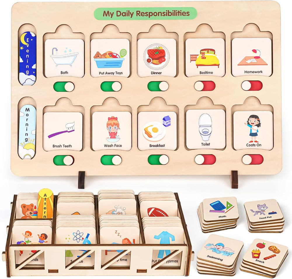 Wooden Visual Schedule for Kids Chore Chart, Morning Bedtime Routine Charts for Kids Toddlers, autism learning materials&Daily Schedule Board for home