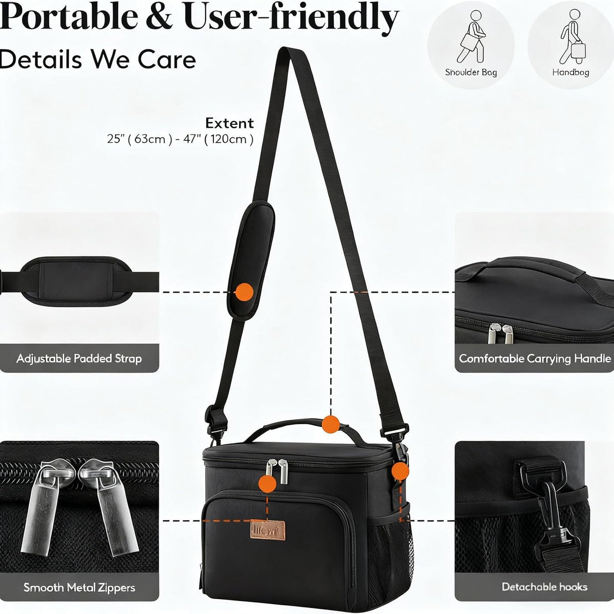 Medium Lunch Bag Insulated Lunch Box Soft Cooler Cooling Tote for Adult Men Women, Black 12-Can (9L) – image 5