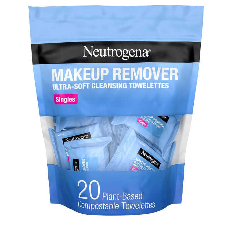Neutrogena Facial Cleansing Towelette Singles, Daily Face Wipes to Remove Dirt, Oil, Makeup & Waterproof Mascara, Gentle, Alcohol-Free, Individually Wrapped, 20 Count