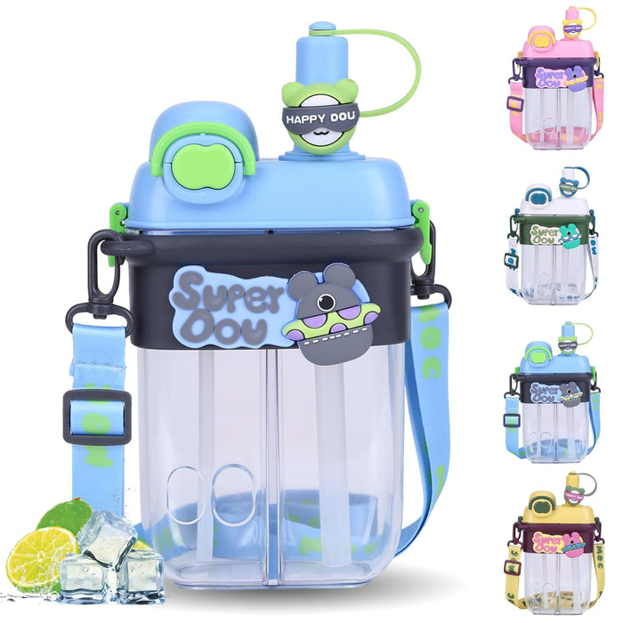 HiGropcore Kawaii Water Bottle with Straw, Double Chamber Cute Water Bottle with Adjustable Strap, Portable Leakproof Water Jug, 27oz b3. Blue