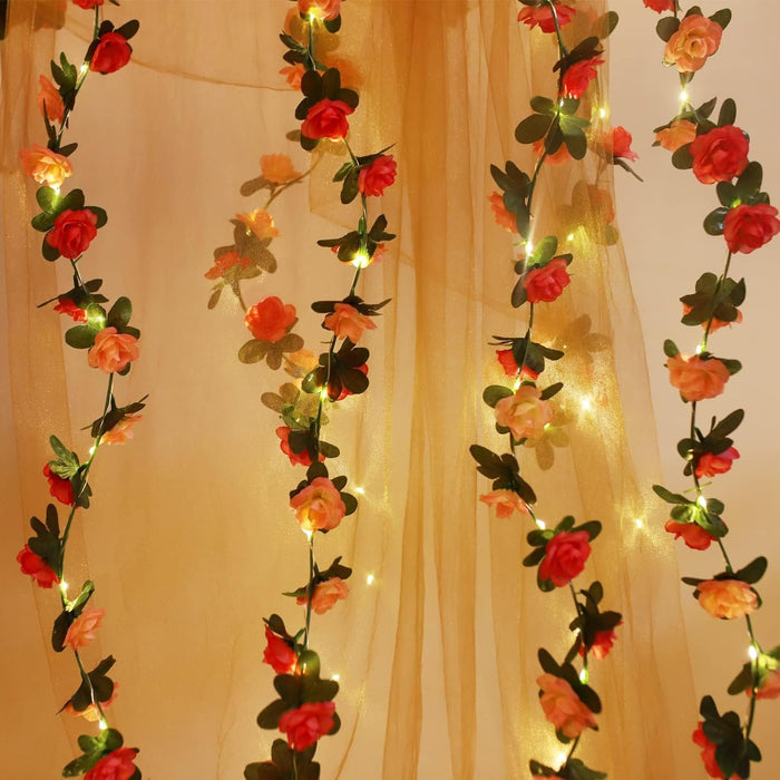 TERRIFI Flower Rose Vine Fairy String Lights, Battery Powered Artificial Rose Flower Garland with Lights for Valentine Day Wedding Birthday Party Bedroom Home Garden Decor, 2 Pack,50 LED