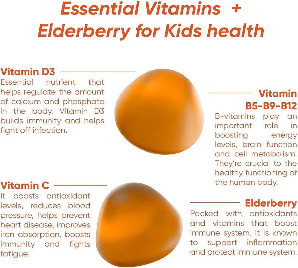 KIDS Sugar-free Vitamin Gummies High dose of Multivitamins: B-Vitamins C and D, Elderberry extract Supports childs growth & immunity Suitable for Kids (age 4+) 60 Vegan Gummies Peach flavor