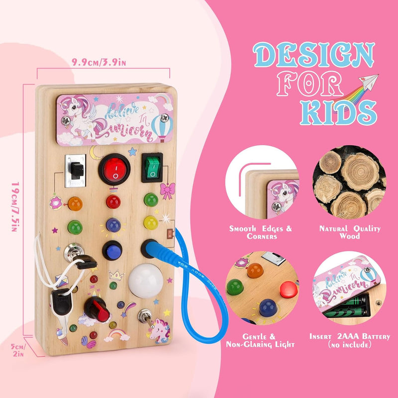 Hoarosall Montessori toys Clock Wooden Busy Board with 11 LED Light switches, Tooddler Toys Sensory Toys Travel Toys for 1+ Year Old Baby and Toddler