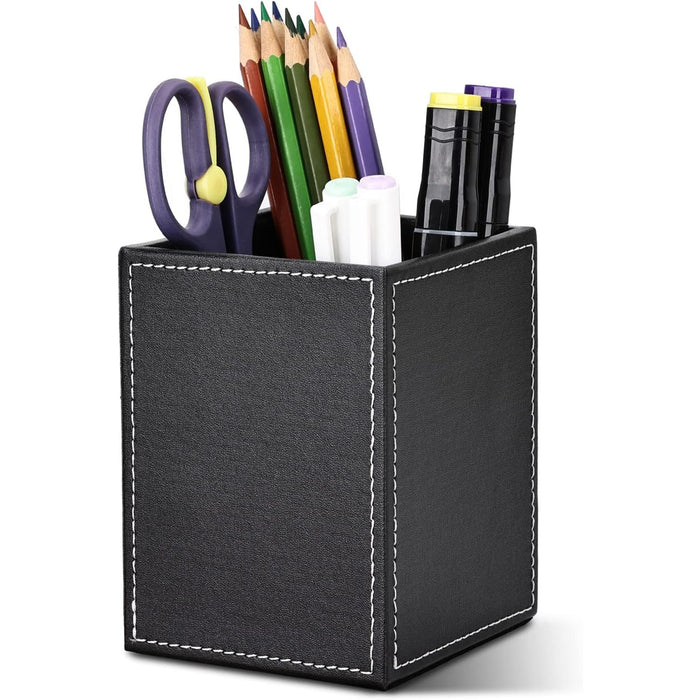 X spring PU Leather Square Pen Holder, Pencil Cups Desk Accessories Organizer, Office Stationery Supplies Organizer, Pens Organizer for Desk, Pencils Holder Cup for Office Supplies Organized (Black)
