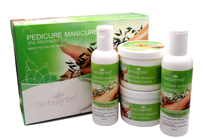 HerbalTree Pedicure Manicure Spa Treatment Kit, 4-Step System with Cleanser, Salt Scrub, Massage Cream and Soothing Lotion, 200 ml Each