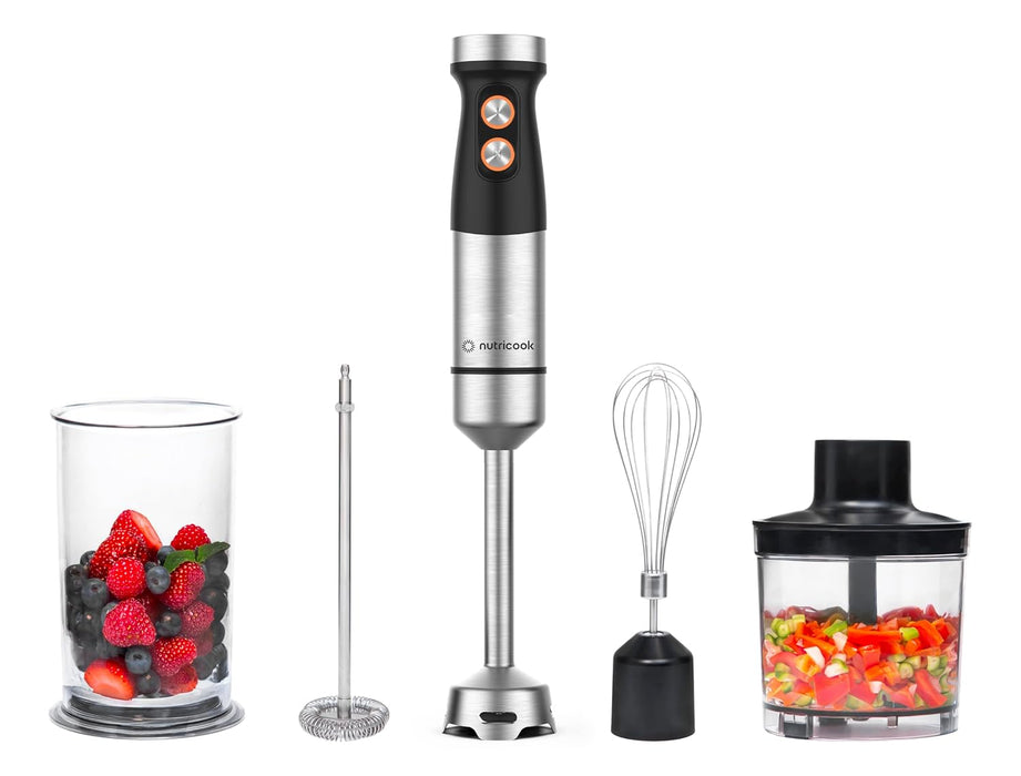 Nutricook 1200W DC motor Hand Blender With 700ml beaker,500ml Chopping Bowl, Stainless Steel Blades, Wisk with 20 variable speed 4in1 Blend,chop,whisk,froth, HB100ME, 2 yrs warranty