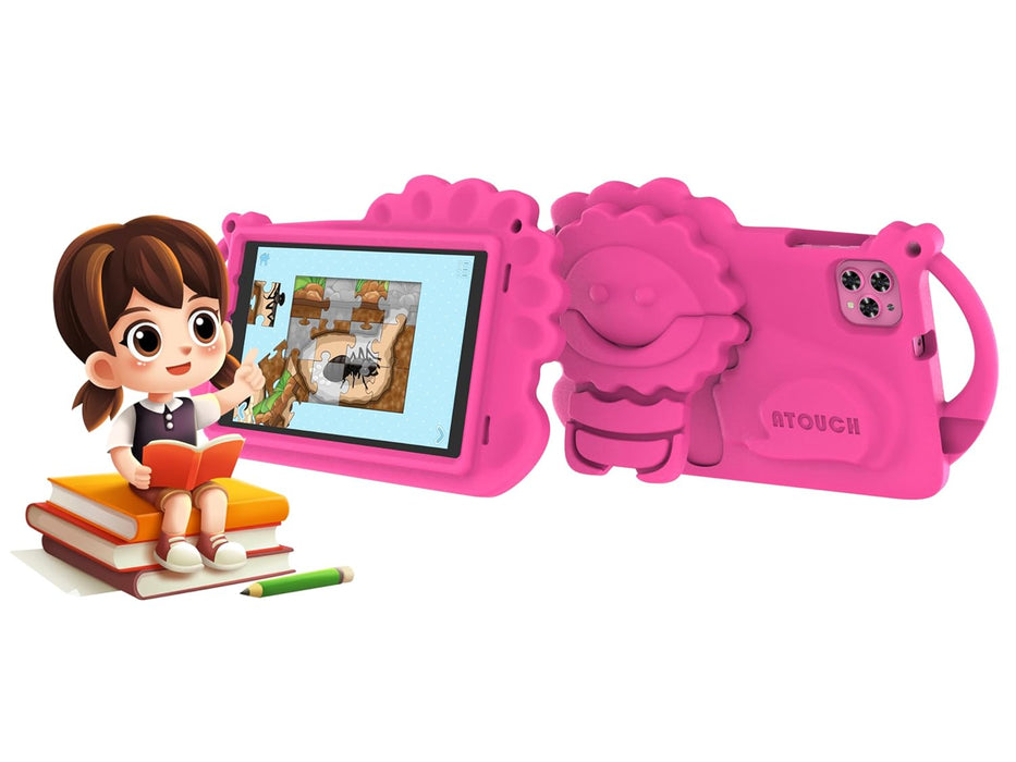 Atouch at your heart Kids Tablet, 8 inch Android 12 Tablet for Kids, Bluetooth, WiFi, Parental Control, Dual SIM, Dual Camera, Educational, Games, Toddler Tablet With EVA Case (Pink)