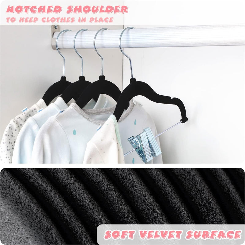 ManGotree 11.8'' Baby Velvet Hangers with Movable Clips, Non-slip Kids Clothes Hangers, Ultra-thin Space-saving Children's Felt Hangers for Shirts, Pants, Dresses, Skirts, Jackets (16 Pack, White)