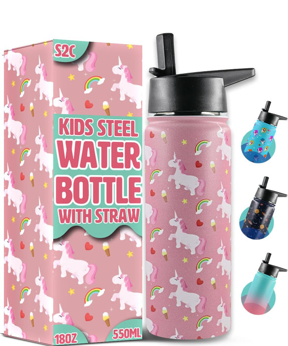 S2C Kids Water Bottle with Straw Lid – 550ml Stainless Steel, Double Wall Insulated, BPA-Free, Leak-Proof Bottle for School & Toddlers (PINK)
