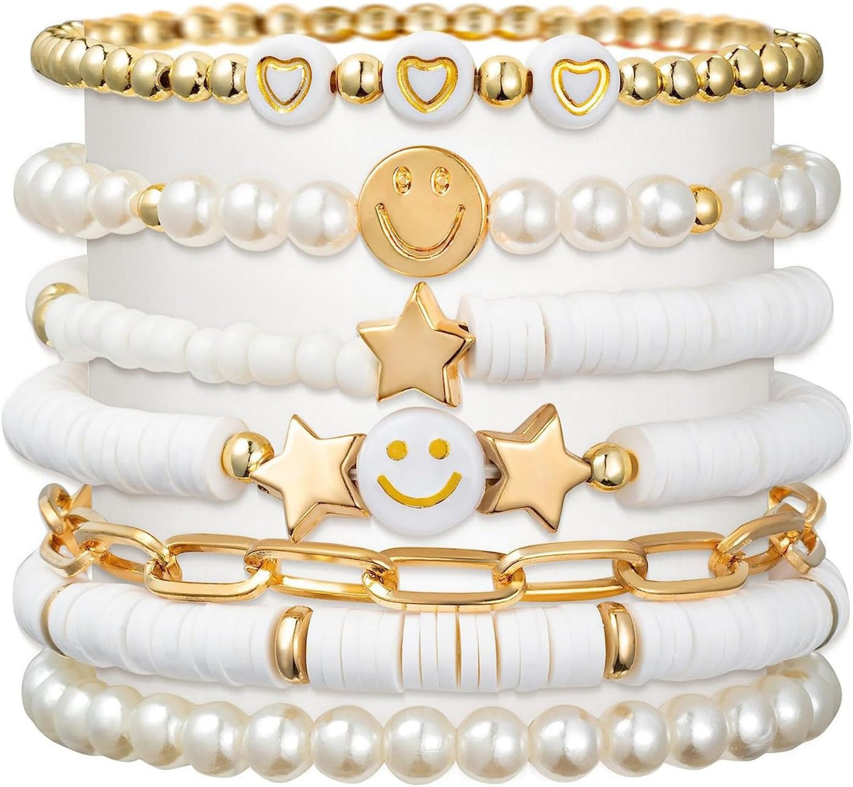 Shining Diva Fashion 7Pcs Combo Latest Stylish Beach Surfer Bracelets Set Colorful Preppy Heishi Bracelet Multilayer Boho Happy Smile Heart Star Stretch Beaded Bracelets Evil Eye Stackable β image 2
