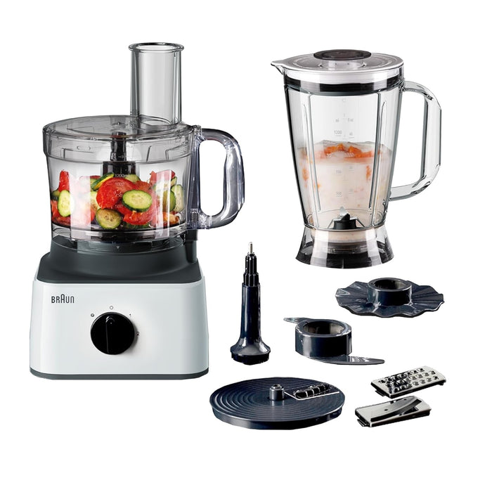 Braun Food Processor 8 in 1 System, 750 Watts, 2.1 L Bowl Capacity, 1.8 L Blender Capacity, 2 Speed Button and Pulse, Chop, Slice, Grate, Whisk & Puree - FP 0132 White