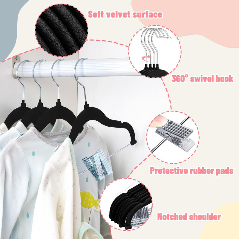 ManGotree 11.8'' Baby Velvet Hangers with Movable Clips, Non-Slip Kids Felt Hangers, Ultra-Thin Space-Saving Children's Clothes Hangers for Skirts, Pants, Dresses, Shirts, Jackets (7 Pack, Blue)
