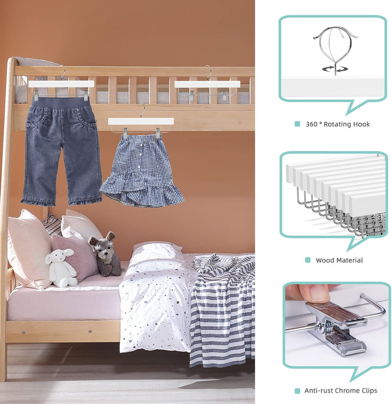 Nature Smile 11.8' Kids Baby Toddler Children Solid Wooden Pants Hangers,Wood Skirts Hangers,Trousers Bottom Hangers with 2-Adjustable Clips Anti-Rust Hook Pack of 10 (White)