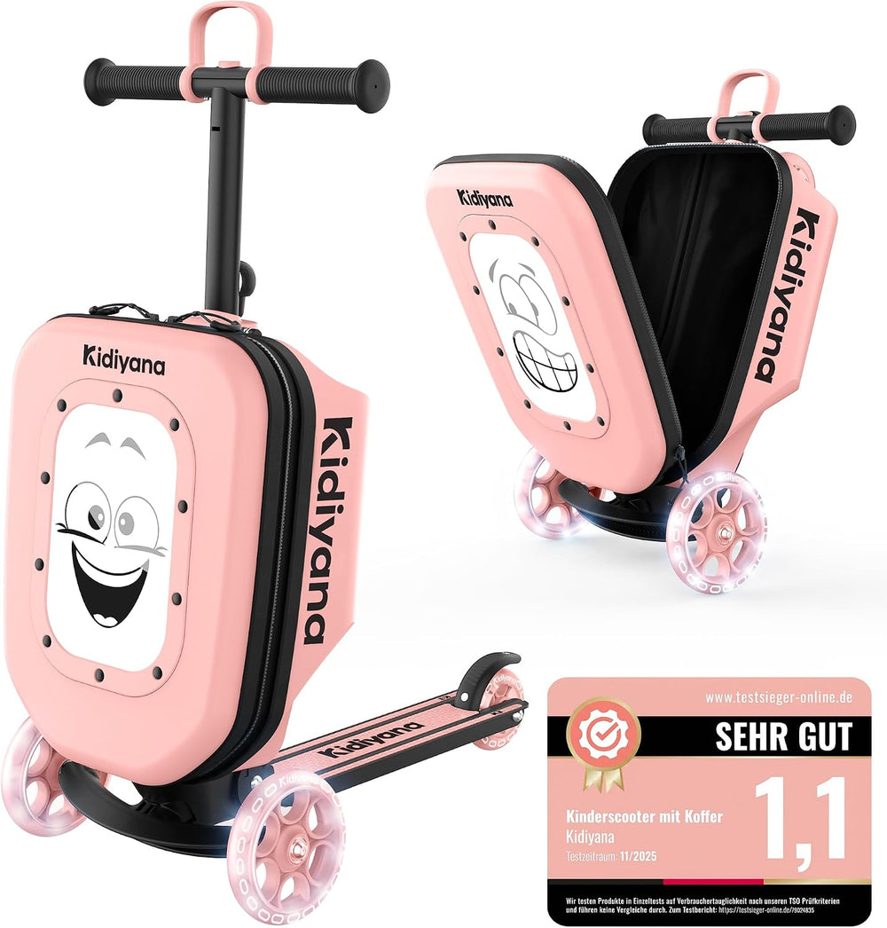 Scooter Suitcase, Children's Suitcase with Scooter and LED Wheels, Height-Adjustable Handlebar, A5 Viewing Window, 7 cm Storage Space, Suitable as Hand Luggage, Children's Scooter Gift from 2