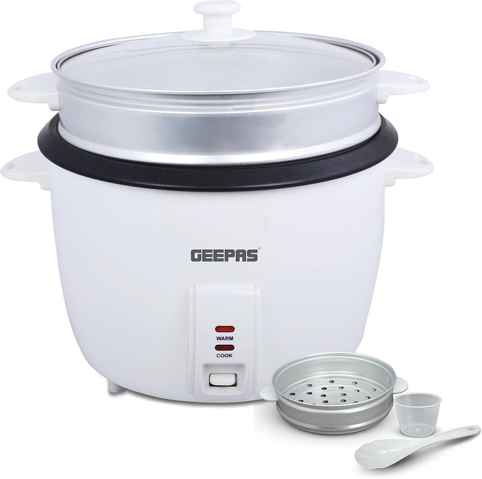 Geepas Electric Rice Cooker- GRC4327| 2.8 L Capacity with Non-Stick Inner Pot and Toughened Glass Lid| Includes Cook, Steam, and Warm Functions| 900 W, White Powder Coated Housing White