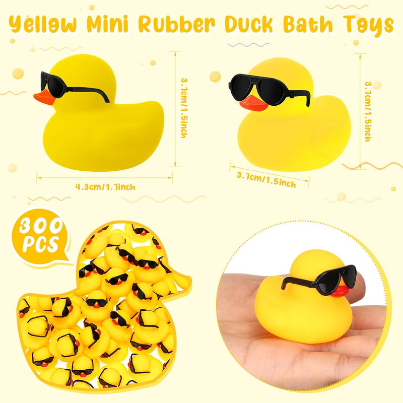 Hiboom 300 Pack Mini Rubber Ducks with Sunglasses Sets Duck Bath Toys Cute Float Squeaky Bathtub Duckies Toys for Baby Shower Birthday Party Favors Class Carnival Prizes Car Decor(Yellow)