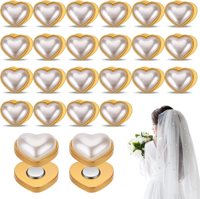 NALACAL 24pcs Veil Weights Wedding Magnetic Pearl, Double Sided Artificial Pearls Hijab Magnets, Heart Pearl Weights for bridal Women Girls, Clothing Scarves Dress Fabric Pins Decoration Elegant Veil