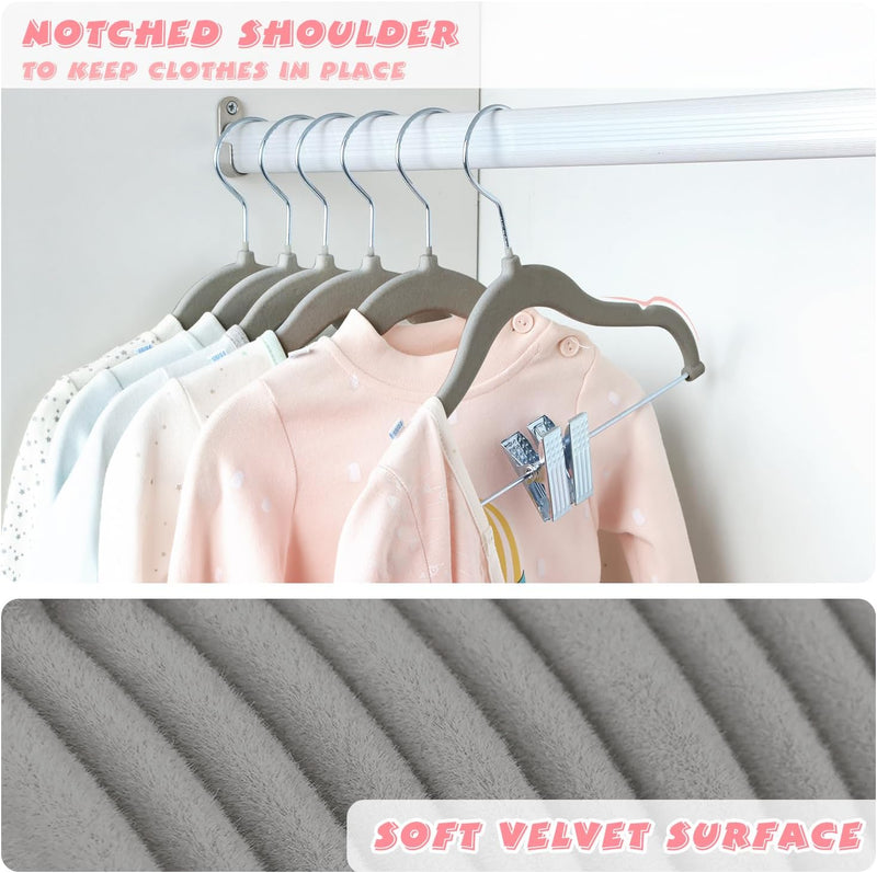 ManGotree 11.8'' Baby Velvet Hangers with Movable Clips, Non-slip Kids Clothes Hangers, Ultra-thin Space-saving Children's Felt Hangers for Shirts, Pants, Dresses, Skirts, Jackets (16 Pack, White)