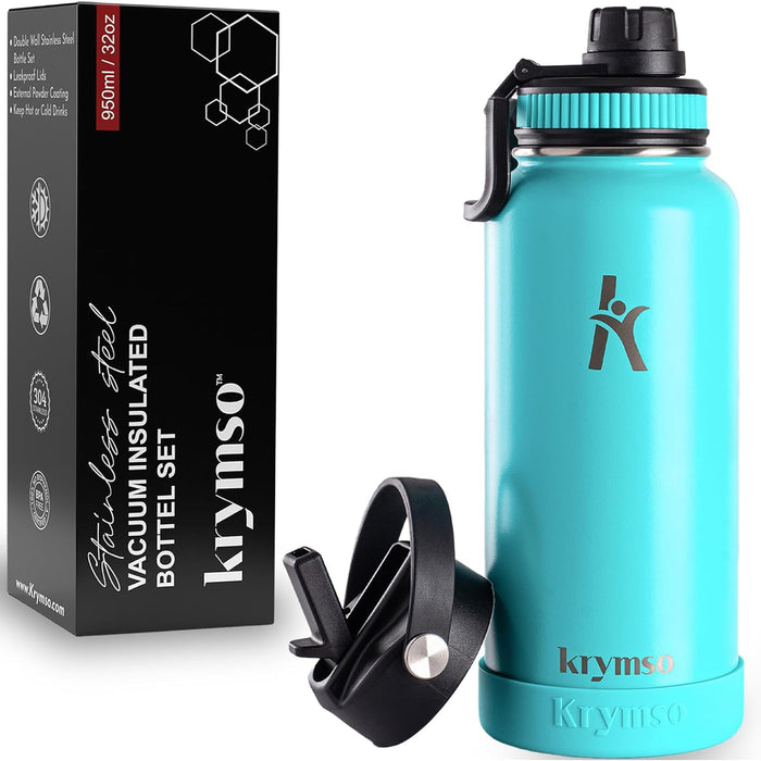 KRYMSO, 950ml Stainless Steel Water Bottle, Sports Bottle with Straw, Insulated Water Bottle, Thermos Flask, Hot Water Bottle for kids, Gym (Turquoise, 950ml / 32oz)