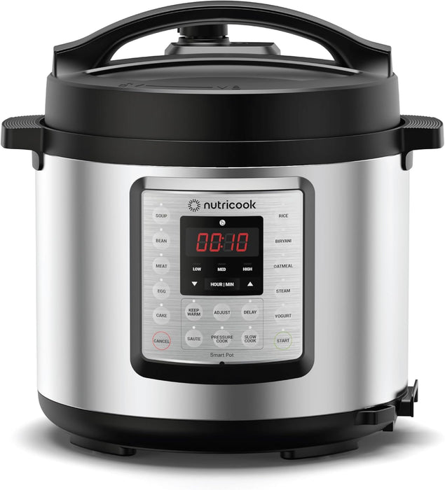 Nutricook Smart Pot Eko, 1000 Watts - 9 In 1 Instant Programmable Electric Pressure Cooker, 6 Liters, 14 Smart Programs, Brushed Stainless Steel/Black, 2 Years Warranty, Silver/Black